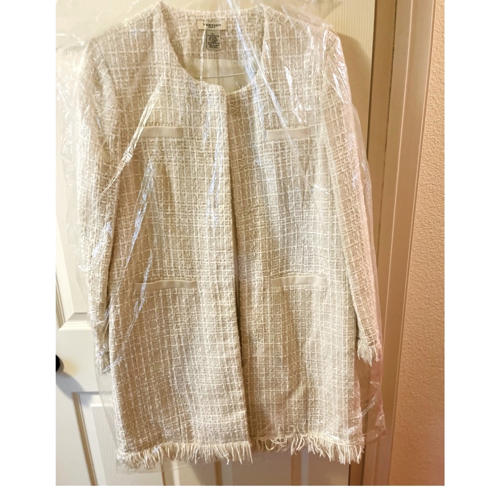 VERTIGO PARIS Women's Tweed Fringe Boucle Wool Blend Coat Size XL